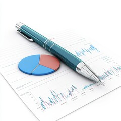 A pen is on top of a piece of paper with pie charts and graphs