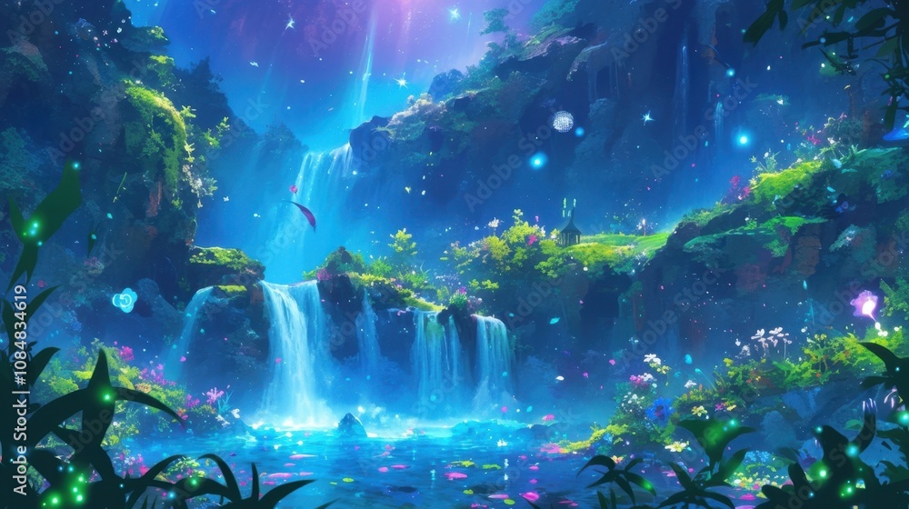 Poster a psychedelic waterfall hidden deep within a lush green forest its waters adorned with glowing flowe