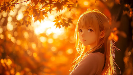 Fototapeta premium A young woman enjoys a serene autumn sunset surrounded by colorful foliage in a tranquil park
