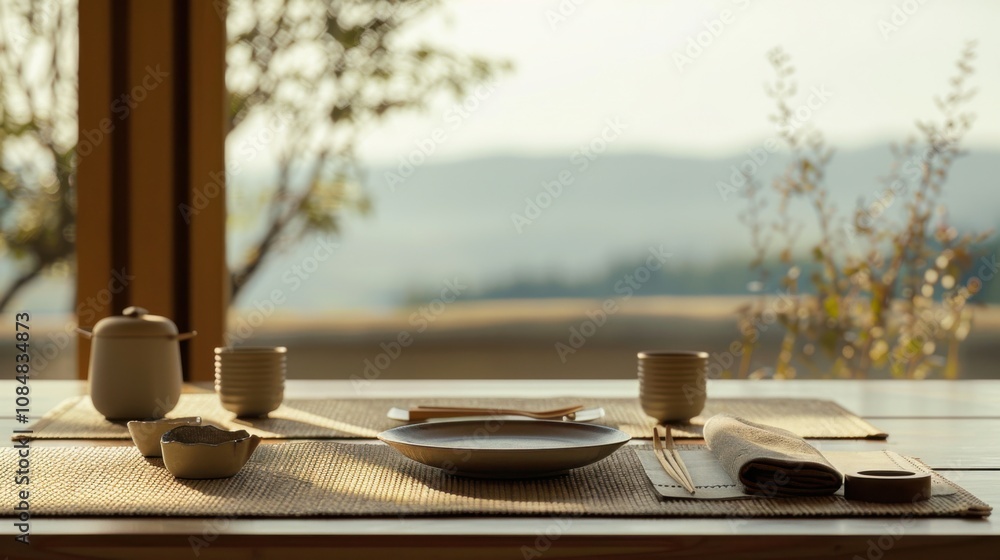 Poster a minimalist dining setup with a focus on clean lines and natural materials, featuring a simple yet 