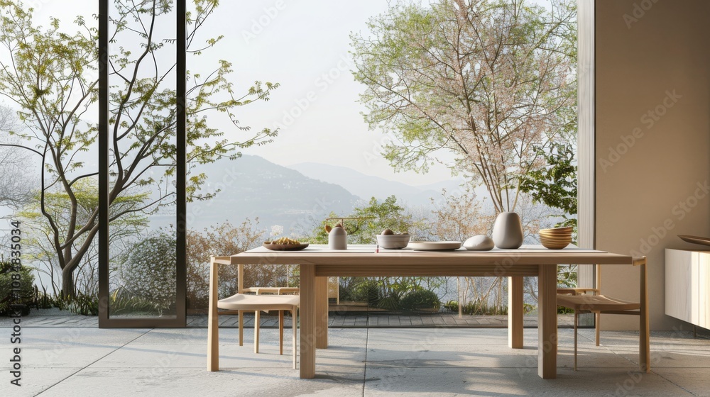 Poster a minimalist dining setup with a focus on clean lines and natural materials, featuring a simple yet 