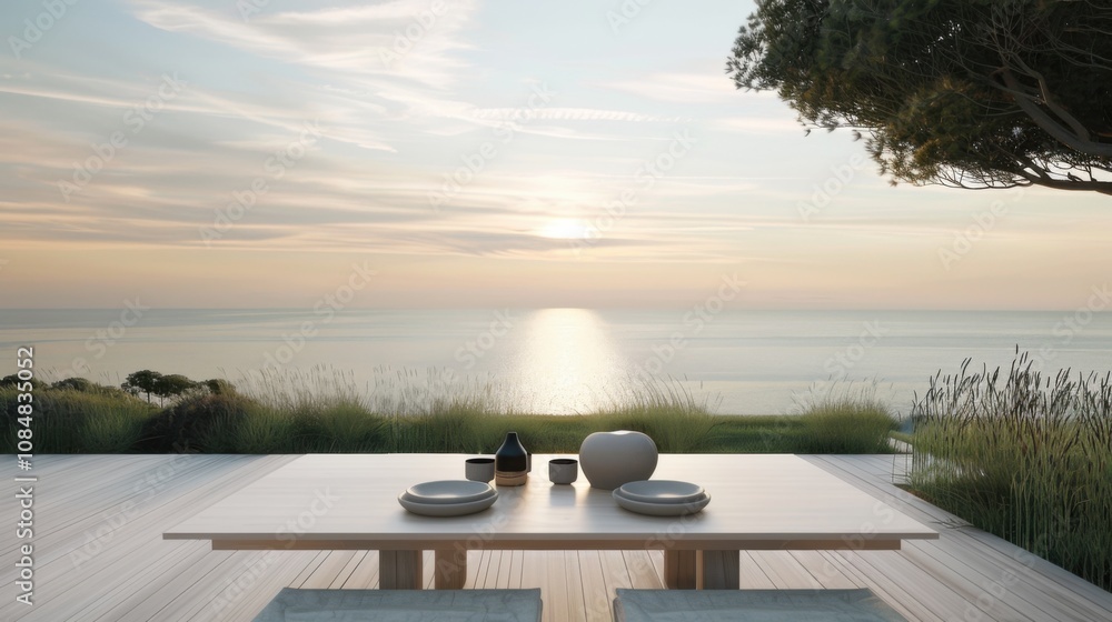 Poster a minimalist dining setup with a focus on clean lines and natural materials, featuring a simple yet 
