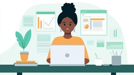 Obraz premium Woman Working on Laptop with Data Analysis Charts