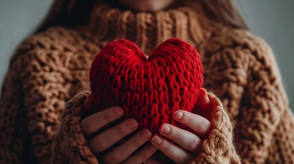 A person in a cozy sweater holds a knitted red heart, symbolizing love and warmth.