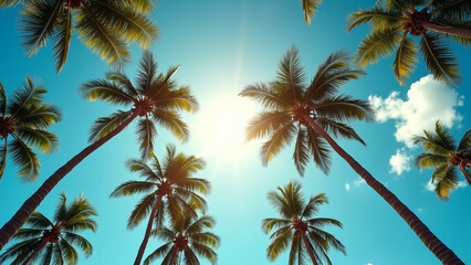 Obraz premium Sunlight Streaming Through Palm Trees Against a Clear Blue Sky on a Tropical Island.