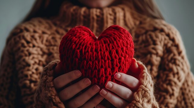 A person in a cozy sweater holds a knitted red heart, symbolizing love and warmth.