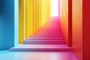 Fototapeta premium A vibrant staircase with colorful walls, leading towards a bright light, creating an inviting and energetic atmosphere.