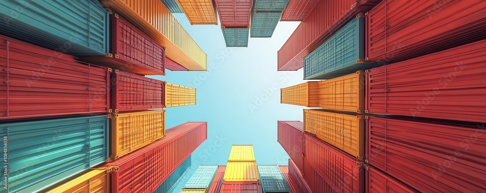 Poster a vibrant view of colorful shipping containers stacked high, with a clear blue sky visible above, cr