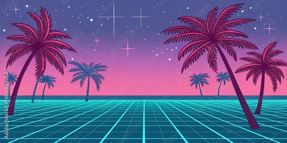 Poster a playful and whimsical desktop background filled with pixelated palm trees in bold neon colors set 