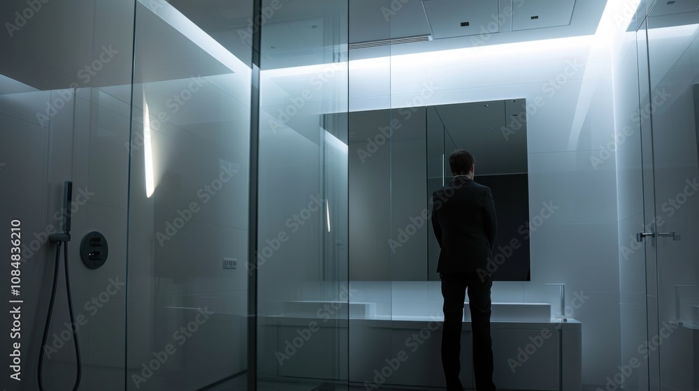 Poster a mirror reflecting a different version of a person standing in front of it, set in a modern bathroo