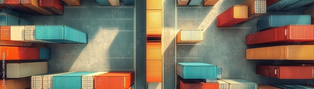 Poster aerial view of a shipping container yard, showcasing colorful containers arranged in organized stack