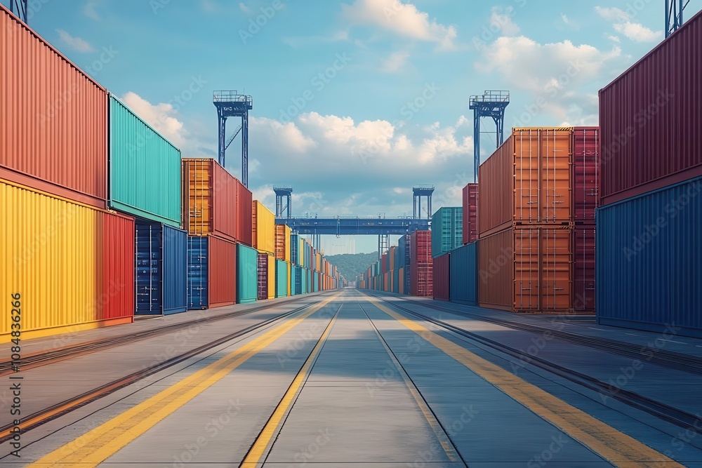 Poster a vibrant view of a shipping container yard featuring colorful containers lined up along a wide path