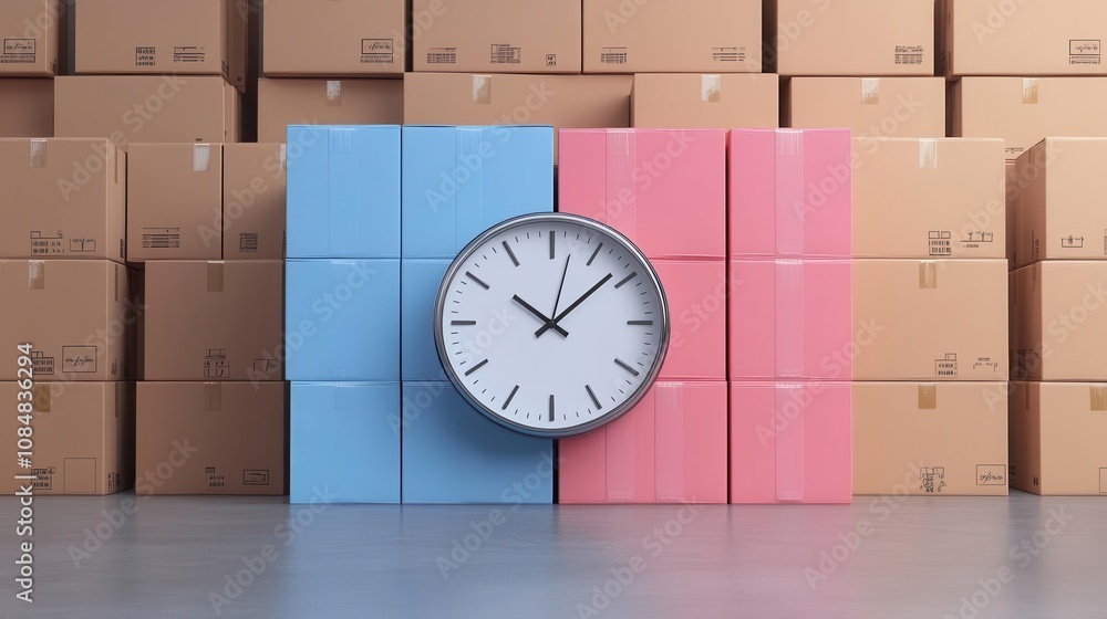 Poster a clock positioned between blue and pink boxes, symbolizing time management and organization in a st