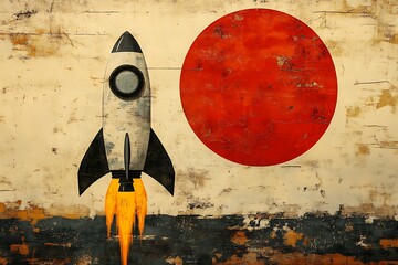 A retro-style rocket launching against a large red circle.