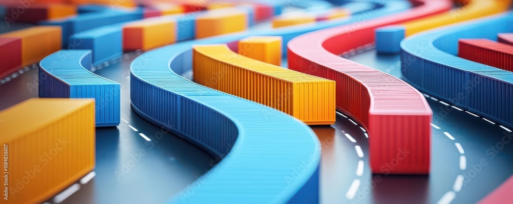 Poster a colorful, abstract arrangement of curved shipping containers, creating a dynamic and visually enga