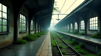 Fototapeta premium Desolate Train Station Overrun by Nature in a Post-Apocalyptic Landscape with Broken Structures