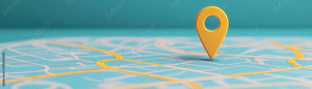 Poster a zoomed-in view of a map with a bright yellow location pin indicating a specific spot on a teal bac