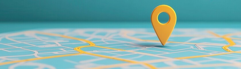 A zoomed-in view of a map with a bright yellow location pin indicating a specific spot on a teal background.