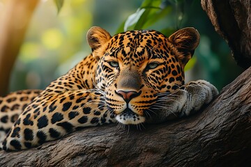 Obraz premium A close-up of a resting leopard on a tree branch.