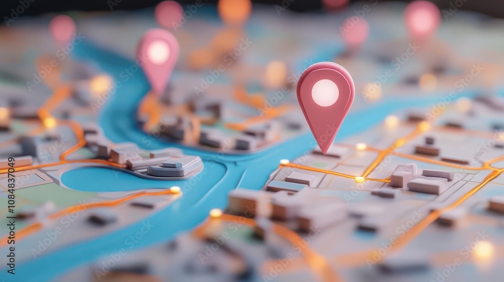 Poster a vibrant map featuring gps markers, highlighting locations with a river and illuminated pathways, s