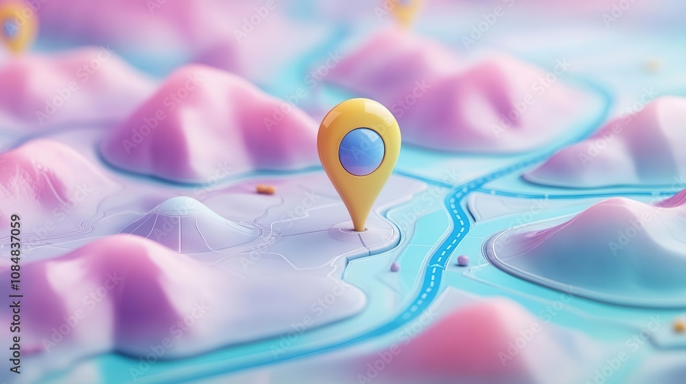 Poster a colorful 3d map featuring stylized mountains and a bright location pin, illustrating navigation an