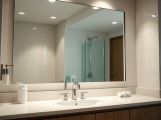 A clean bathroom with a large mirror reflecting the shining faucet and tidy surroundings, organized, reflection