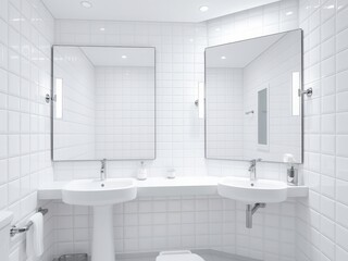 A clean bathroom with a large mirror reflecting the fresh white tiles and shiny chrome fixtures, domestic, hygiene