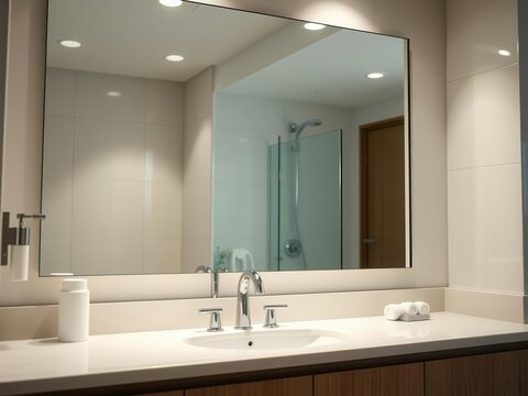 A clean bathroom with a large mirror reflecting the shining faucet and tidy surroundings, organized, reflection