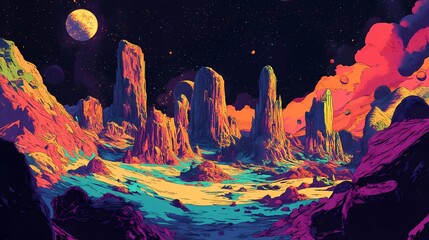 A vibrant, surreal alien landscape with towering formations and a colorful sky.