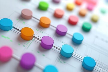 A colorful arrangement of circular tokens on a grid, representing data visualization or sound mixing elements.