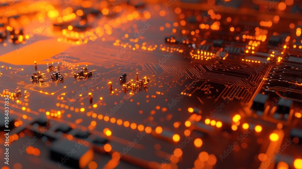 Poster a close-up view of a circuit board with glowing elements, showcasing technology and innovation.
