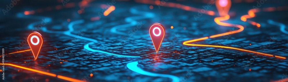 Poster a vibrant digital map with glowing route lines and location markers, representing navigation and mod