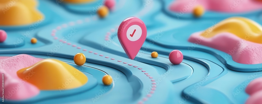 Poster a vibrant, stylized map featuring colorful terrain and a pink location marker, emphasizing navigatio