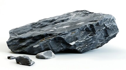 A large piece of black rock with smaller fragments, showcasing natural textures and colors.