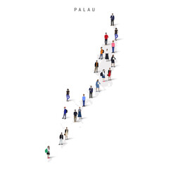 Palau population map. Large group of realistic a diverse crowd of people figures in a shape of Palauan map. Flat vector illustration isolated on white.