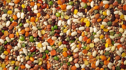 Mixed dried legumes and grains, including brown lentils, green lentils, and buckwheat, create a colorful and textured background