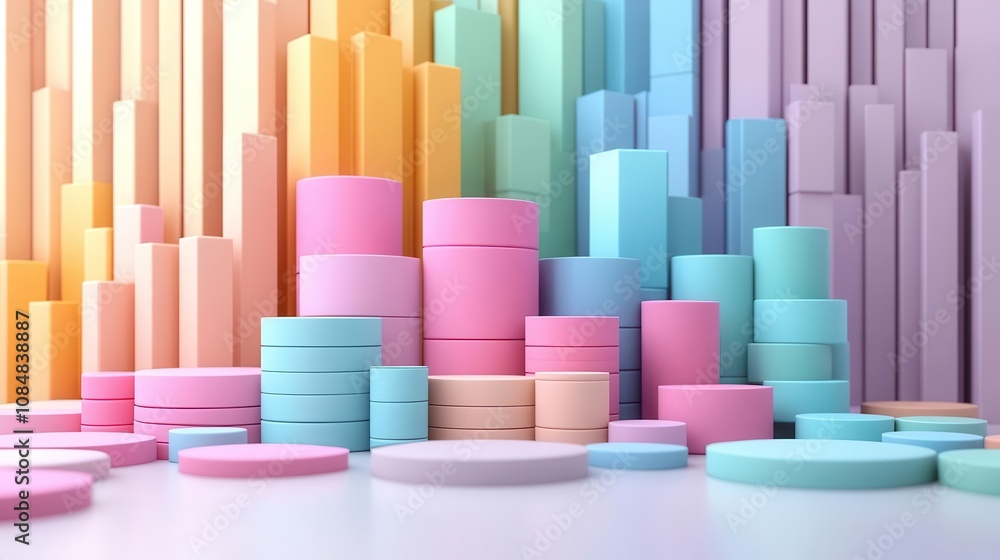 Poster a colorful arrangement of cylindrical and circular shapes in pastel hues, set against a backdrop of 