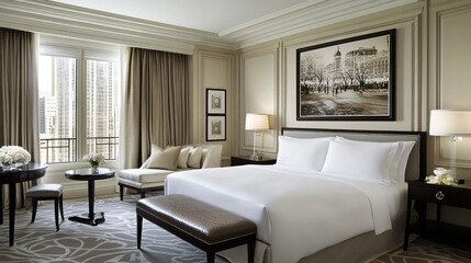 Luxurious Hotel Room Featuring Elegant Bed, Stylish Furniture, and Scenic Artwork in a Contemporary Setting Ideal for Relaxation and Comfort