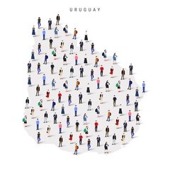 Uruguay population map. Large group of realistic a diverse crowd of people figures in a shape of Uruguayan map. Flat vector illustration isolated on white.