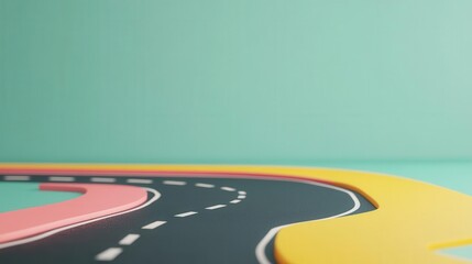 A colorful, abstract representation of a winding road against a pastel background, emphasizing curves and geometric shapes.