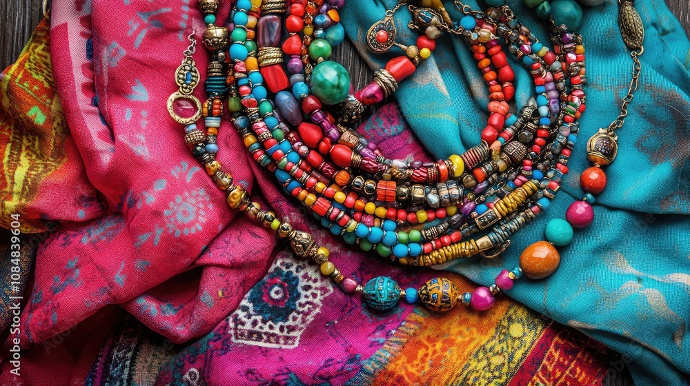 Poster vibrant collection of multicolored beaded necklaces and textiles with intricate patterns displayed o