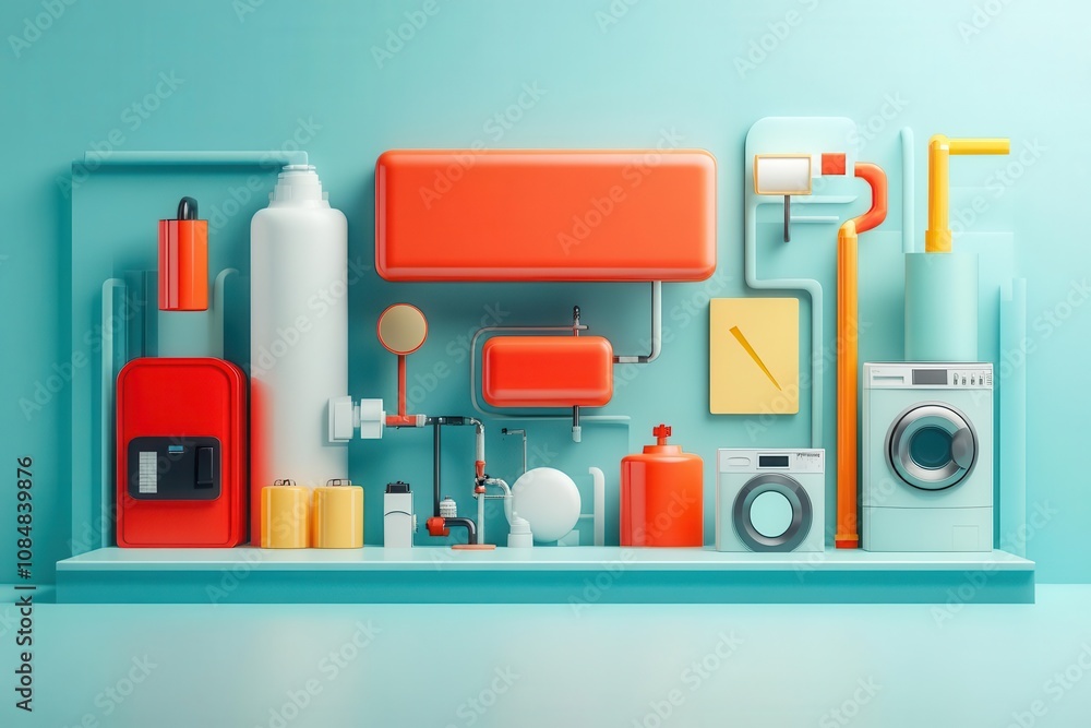 Poster A colorful display of various household appliances and tools arranged on a vibrant backdrop, showcasing modern design and functionality.