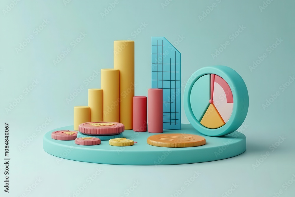 Poster a colorful 3d representation of data visualization, featuring bar charts, pie charts, and various ge