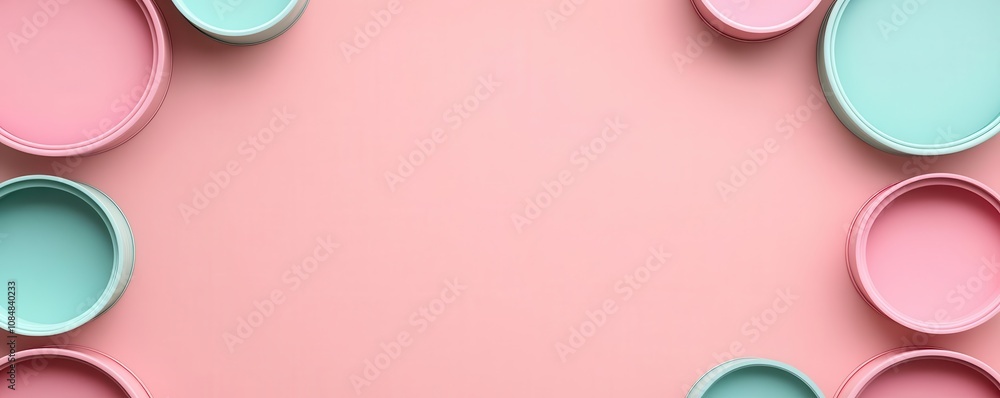 Poster a visually appealing arrangement of pastel-colored circular containers on a soft pink background, cr