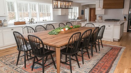 Modern Farmhouse Kitchen with Large Wooden Dining Table Surrounded by Black Chairs, Bright Windows, and Natural Light Enhancing the Cozy Atmosphere