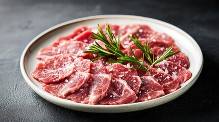 Fototapeta premium Lamb Carpaccio arranged on a white ceramic plate, illuminated by soft studio lighting to enhance the delicate lamb slices and sea salt