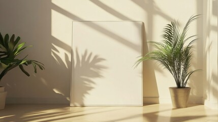 Fototapeta premium Minimalist modern space with a white canvas on a sunlit wall, and a potted plant in the corner, perfect for interior design themes