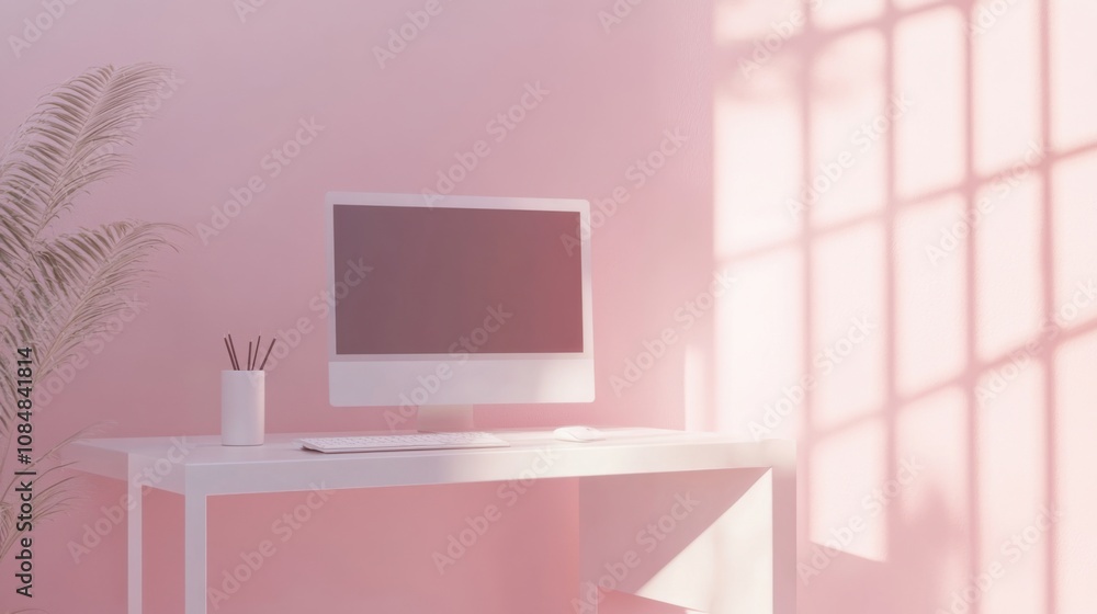 Poster minimalist workspace with a computer on a white desk and pastel pink wall with soft shadows