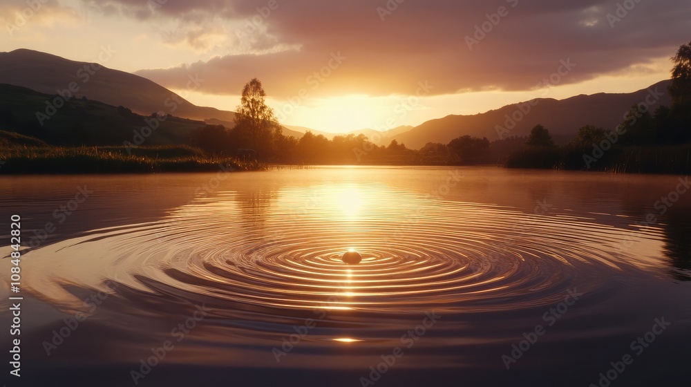 Poster serene sunset reflection over tranquil water with ripples and mountains in the background creating a