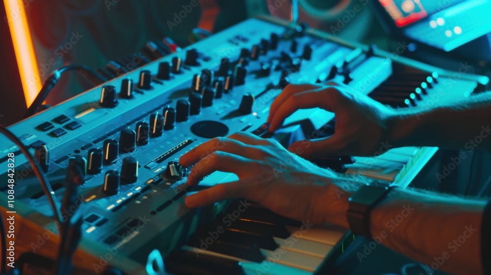 Poster A musician composing music using digital synthesizers and MIDI controllers, Digital music studio scene, Creative style